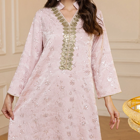 Elegant Pink Jacquard Sequin Kaftan Maxi Dress With Gold Embroidery Luxury Muslim Abaya For Women Formal Evening Party Dress