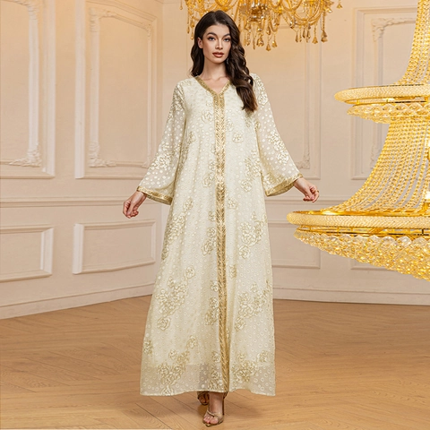 Elegante Kaftan Abaya Crema da Donna con Paillettes Jacquard Chiffon Ricamo Floreale Manica Lunga Vestito Maxi per Festa