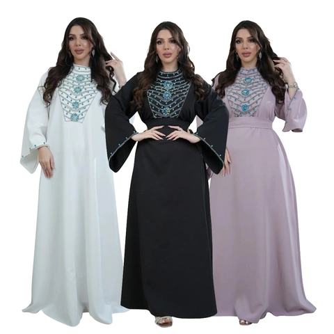 Eleganter Polyester Damen Maxikleid Mit Heißbohrgürtel Stehkragen Langarmkleid Luxuriöse Strass Abendkleid