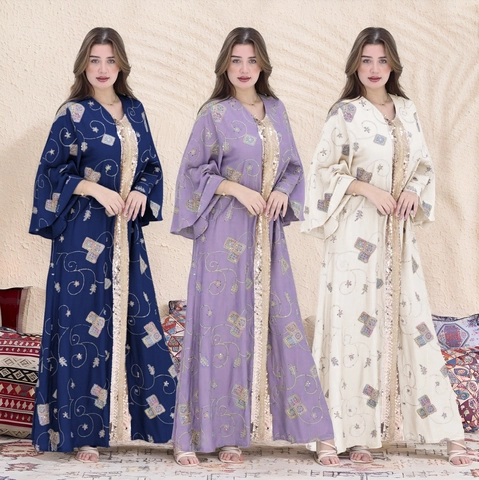 Elegant Women Ethnic Embroidery Abaya Golden Sequin Trim Kaftan Maxi Dress Flare Sleeve Muslim Party Robe Purple Cream