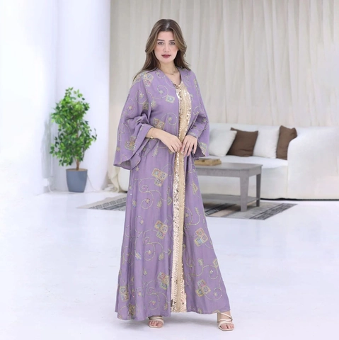Elegant Women Ethnic Embroidery Abaya Golden Sequin Trim Kaftan Maxi Dress Flare Sleeve Muslim Party Robe Purple Cream