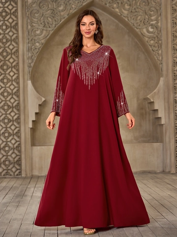 Damen Elegant Weinrot Strass V-Ausschnitt Locker Abaya Langarm Kaftan Muslim Maxi Kleid Party Abend Hochzeit Bodenlang