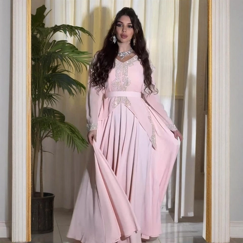 Elegante Chiffon Kaftan Maxi-jurk Met Hot-fix Strass Lange Mouwen Moslim Abaya Avondfeest Jurk Voor Dames