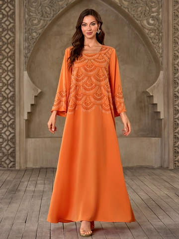 Elegantes Orange Muslim Abaya Kleid Strass Ausgestellte Ärmel Kaftan Maxikleid Für Damen Ethno Abend Party Lange Robe
