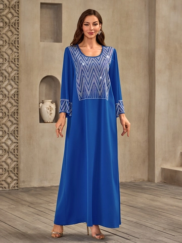 Vestito Lungo Musulmano da Donna Blu Reale Kaftano Abaya con Strass Manica Lunga Motivo Geometrico per Festa Formale