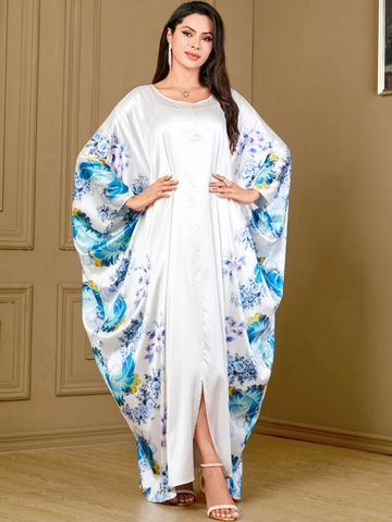 Women Satin Batwing Sleeve Kaftan Dress Botanical Floral Print Loose Maxi Abaya Ethnic Casual Long Robe