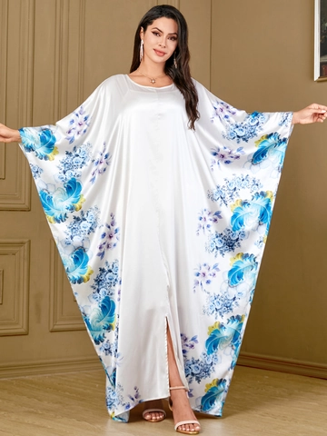 Women Satin Batwing Sleeve Kaftan Dress Botanical Floral Print Loose Maxi Abaya Ethnic Casual Long Robe