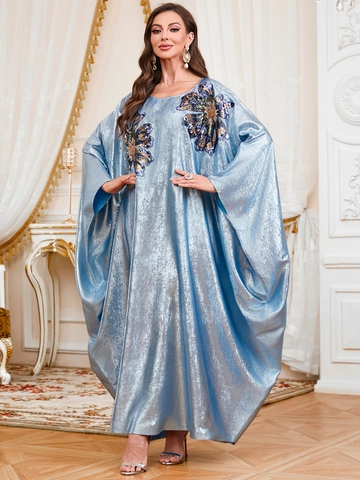 Women Elegant Metallic Luster Kaftan Maxi Dress Sequin Flower Applique Loose Batwing Sleeve Party Evening Banquet Gown