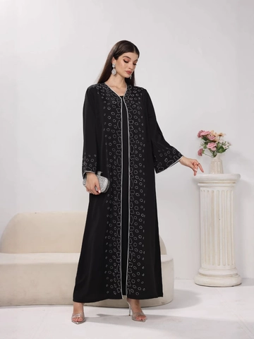 Dames Moslim Abaya Zwart Strass Lange Mouw Open Vest En Binnenjurk Voor Party Feestelijke Etnische Kleding