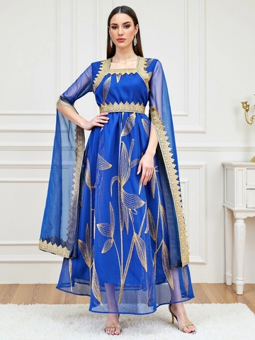 Donna Elegante Vestito Kaftano Ricamato Motivo Foglia Oro Pizzo Manica Spacco Chiffon Maxi Robe Banchetto Festa
