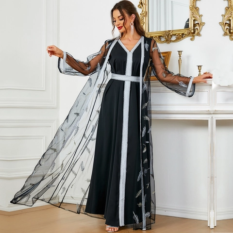 Elegante Geborduurde Kaftan Gown Mesh Polyester V-hals Lange Mouw Jurk Met Kant Afwerking En Veerpunt Voor Feest Bruiloft Vrouwen Kleding
