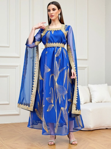 Donna Elegante Vestito Kaftano Ricamato Motivo Foglia Oro Pizzo Manica Spacco Chiffon Maxi Robe Banchetto Festa