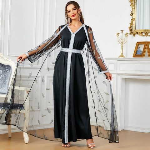 Elegante Geborduurde Kaftan Gown Mesh Polyester V-hals Lange Mouw Jurk Met Kant Afwerking En Veerpunt Voor Feest Bruiloft Vrouwen Kleding
