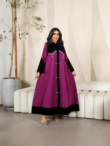 Κομψό Γυναικείο Μακρύ Φόρεμα Abaya με Σύνδεση Βελούδου και Σατέν με Στρας Μουσουλμανικό Καφτάνι Φόρεμα Πάρτι