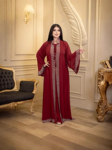 Elegante Abito Lungo Musulmano Abaya Kaftan per Donna Strass Chiffon Manica Lunga Veste da Festa e Foulard Abbinato