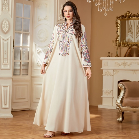 Luxurious Ethnic Kaftan Abaya Long Dress With Heavy Colorful Sequin Embroidery V-Neck Long Sleeve Party Gown For Women
