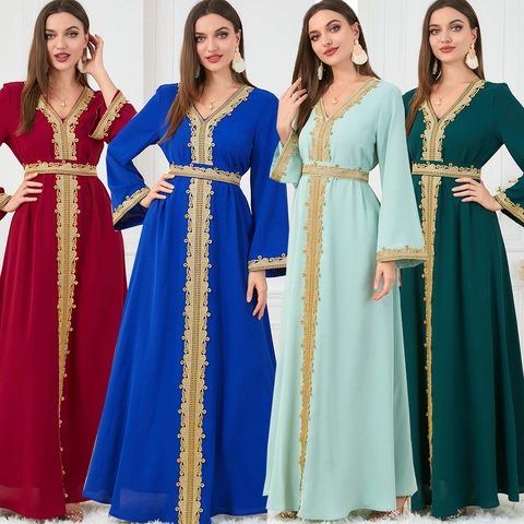 Elegante Abito Musulmano Abaya Kaftan Ricamo Oro Scollo a V Manica Lunga Abito Maxi Veste Festa Etnica Donna