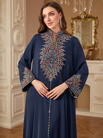 Γυναικείο Ethnic Κεντημένο Μακρυμάνικο Kaftan Jalabiya Μουσουλμανικό Maxi Φόρεμα Κομψό Polyester Abaya Φόρεμα για Πάρτι