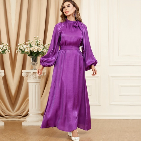Vestido Largo de Satén Elegante para Mujer Manga de Linterna Lazo Cuello Alto Color Sólido Vestido Largo con Cinturón para Fiesta