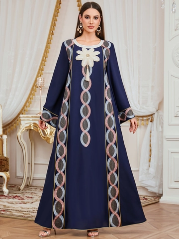 Damen Ethno Stickerei Blumen Kaftan Abaya Lockeres Langarm Maxikleid Mit Quasten Für Bankett Party Bescheidenes Modekleid