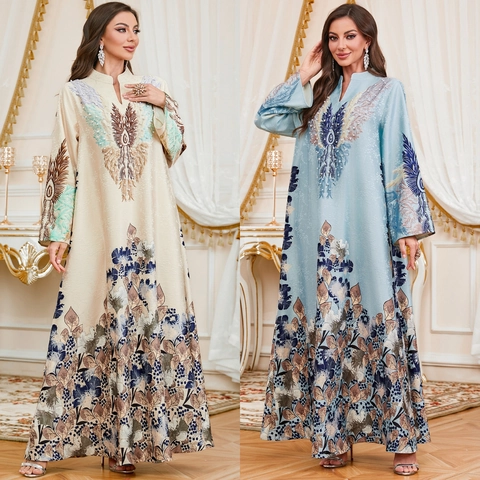 Vestido Maxi de Satén Elegante para Mujer Abaya Kaftan Estampado Bordado Étnico Manga Larga Vestido Formal