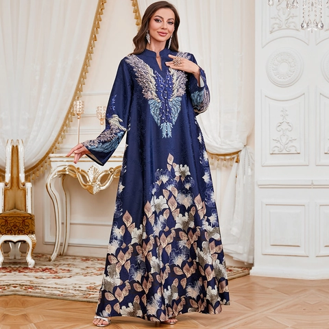 Vestido Maxi de Satén Elegante para Mujer Abaya Kaftan Estampado Bordado Étnico Manga Larga Vestido Formal