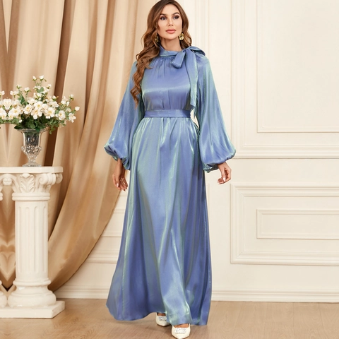 Vestido Largo de Satén Elegante para Mujer Manga de Linterna Lazo Cuello Alto Color Sólido Vestido Largo con Cinturón para Fiesta