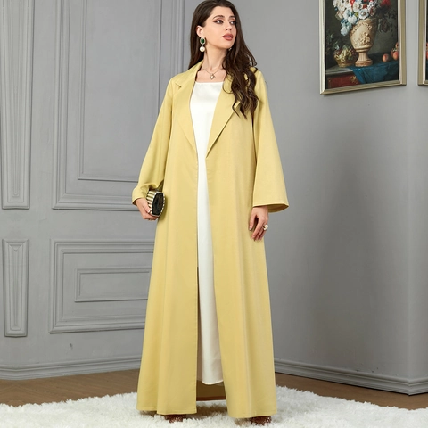 Cárdigan Largo Abierto por Delante de Mujer Estilo Abaya Color Amarillo Jengibre Elegante Solapa Manga Larga Poliéster Otoño