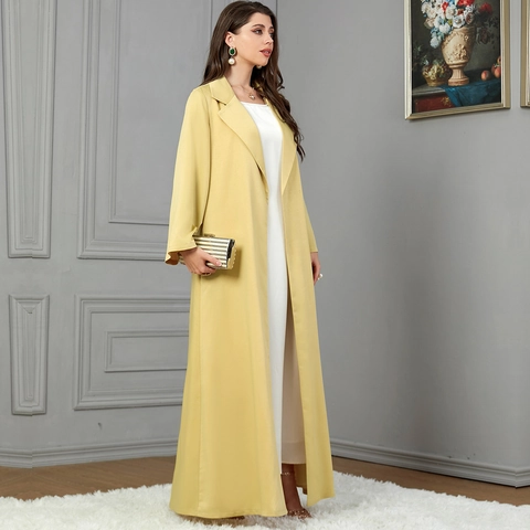 Cárdigan Largo Abierto por Delante de Mujer Estilo Abaya Color Amarillo Jengibre Elegante Solapa Manga Larga Poliéster Otoño
