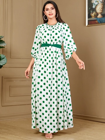 Dames Retro Stippen Maxi Jurk Groen Wit Lantaarnmouw Lange Gewaad Etnische Stijl Moslim Jurk Met Riem