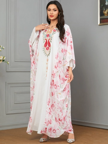 Middle Eastern Kaftan Abaya Dress Floral Print Ethnic Embroidery Batwing Sleeves Loose Fit Casual Maxi Gown Summer Dress