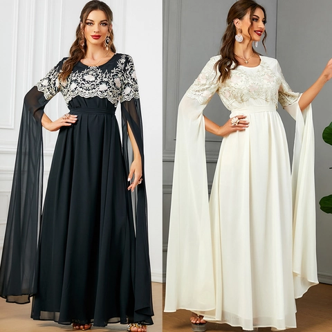 Elegant Women Embroidery Maxi Dress Polyester Floral Pattern Long Slit Cape Sleeve Abaya Style Banquet Party Evening Gown