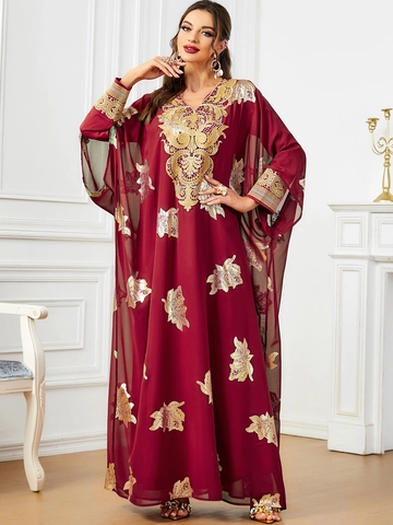Set Kaftano Abaya Donna Elegante in Chiffon Veste Esterna E Abito Interno Foglia Oro Ricamo Pizzo Abito da Festa Modesto