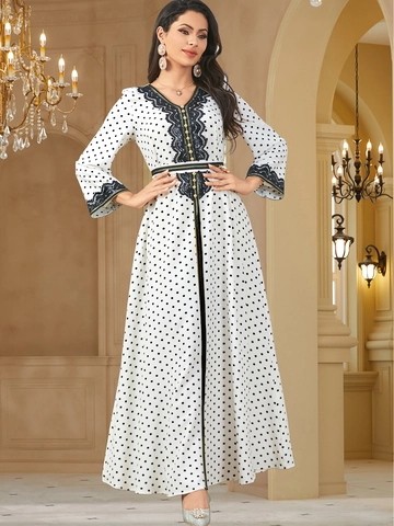 Vestido Largo Elegante de Lunares para Mujer Cuello en V Manga Larga Patchwork de Encaje Kaftan Abaya con Cintura