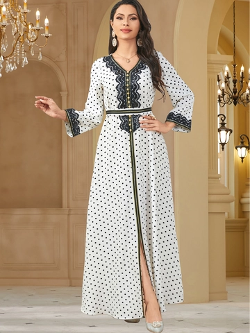 Vestido Largo Elegante de Lunares para Mujer Cuello en V Manga Larga Patchwork de Encaje Kaftan Abaya con Cintura