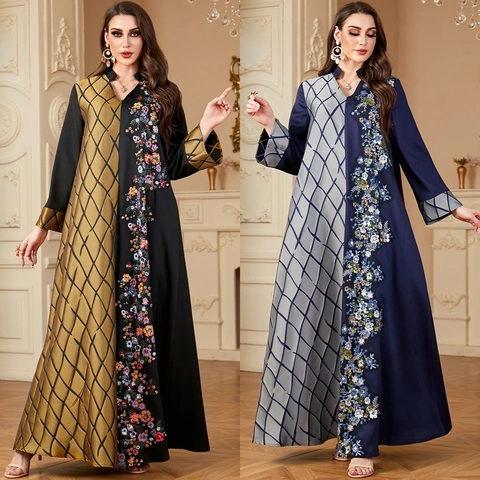 Dames Elegante Abaya Jurk Patchwork Bloem Borduurwerk Geometrisch Rooster V-Hals Lange Mouw Moslim Maxi Kaftan Party Jurk