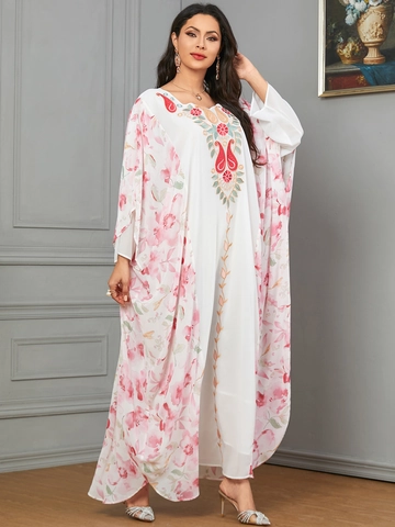 Middle Eastern Kaftan Abaya Dress Floral Print Ethnic Embroidery Batwing Sleeves Loose Fit Casual Maxi Gown Summer Dress