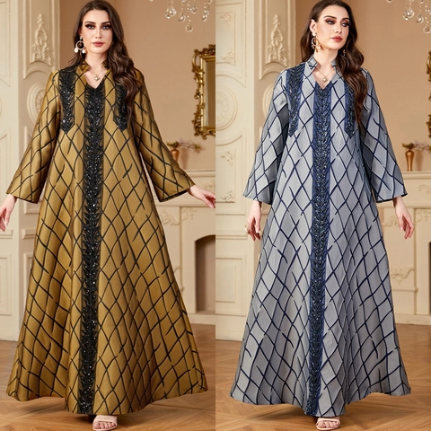 Luxurious Sequin Embroidery Abaya Kaftan Women Long Sleeve V Neck Maxi Dress Ethnic Diamond Grid Pattern Party Robe Dress