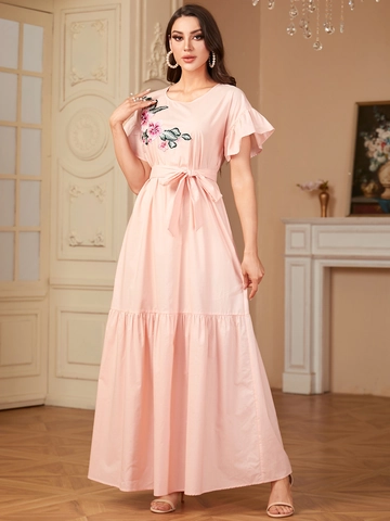 Elegante Vestido Maxi Con Bordado Floral Para Mujer Estilo Princesa Manga Corta Con Volantes Vestido Largo Escalonado Con Cinturón Casual Vacaciones De Verano