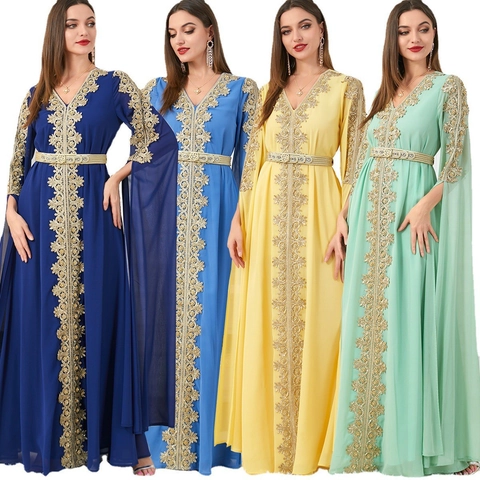 Abito Maxi Kaftan Abaya in Stile Mediorientale Ricamo Dorato Chiffon Manica Lunga Elegante Abito da Sera E Cintura Per Donna
