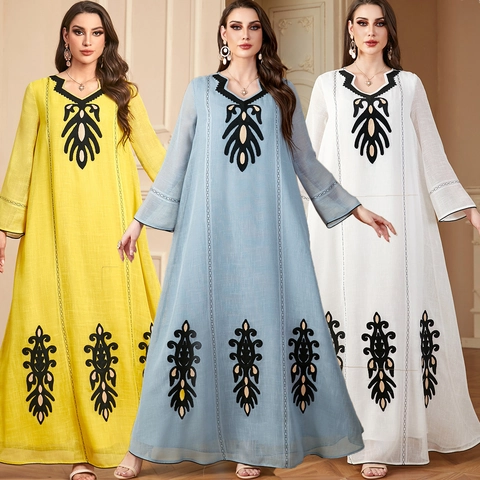 Dames Etnische Borduurwerk Maxi Jurk Lange Mouw V-hals Elegant Losse Kaftan Abaya Voor Feest Avond Polyester Gewaad Jurk