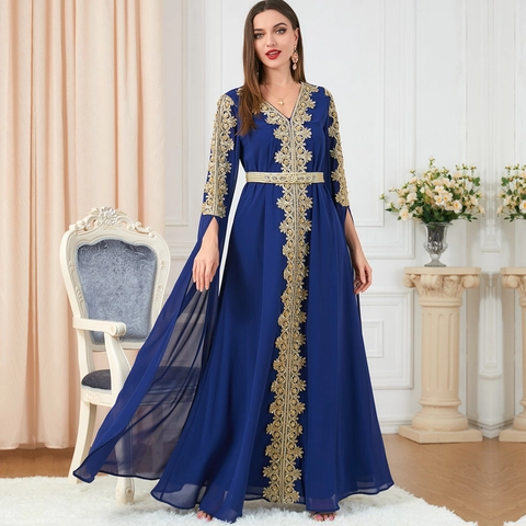 Abito Maxi Kaftan Abaya in Stile Mediorientale Ricamo Dorato Chiffon Manica Lunga Elegante Abito da Sera E Cintura Per Donna