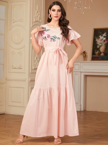 Elegante Vestido Maxi Con Bordado Floral Para Mujer Estilo Princesa Manga Corta Con Volantes Vestido Largo Escalonado Con Cinturón Casual Vacaciones De Verano