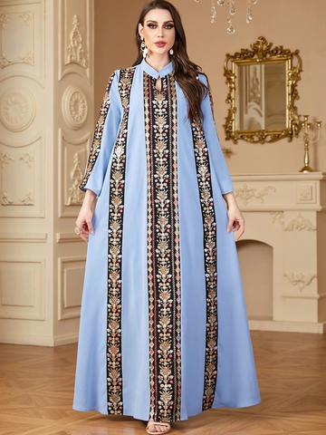 Vestido Maxi Abaya Musulmán Kaftan Bordado Étnico Para Mujer Cuello en V Manga Larga Patchwork Color Contraste Poliéster Elegante Vestido Largo