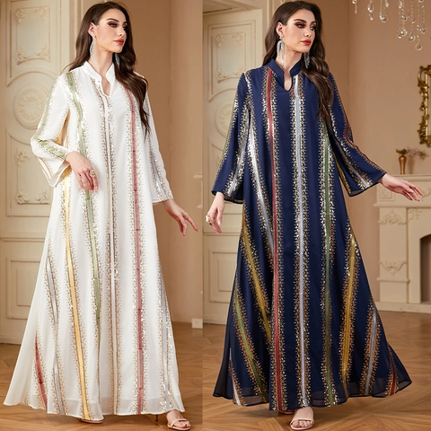 Damen Elegant Muslim Abaya Kleid Bunte Pailletten Gestreift Langarm Chiffon Kaftan Maxi Robe Für Ethnische Party Abend Zeremonie Mode