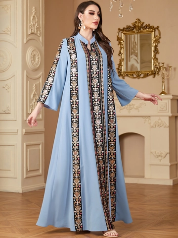 Vestido Maxi Abaya Musulmán Kaftan Bordado Étnico Para Mujer Cuello en V Manga Larga Patchwork Color Contraste Poliéster Elegante Vestido Largo