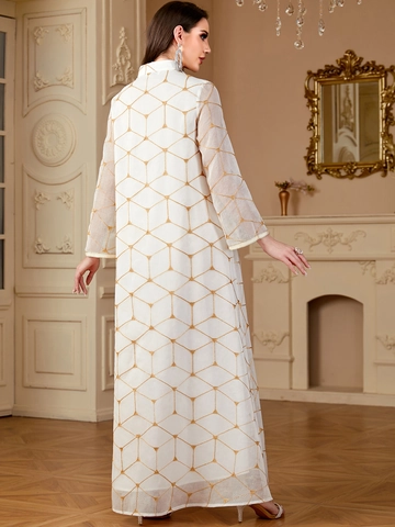 Γυναικείο Λευκό Χρυσό Κεντημένο Φόρεμα Kaftan Γεωμετρικό Σχέδιο Μακρύ Μανίκι Abaya Maxi Gown για Γάμο Πάρτι