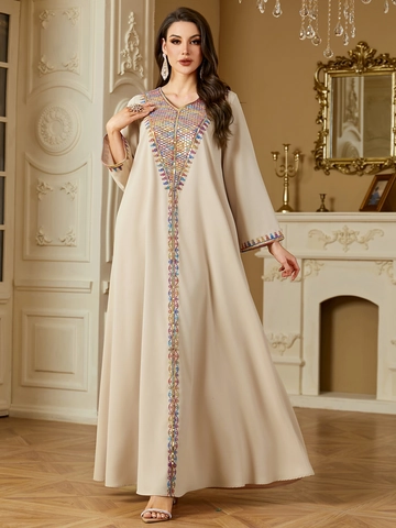 Damen Kaftan Maxikleid Ethno-Stil Pailletten Stickerei V-Ausschnitt Langarm Muslimisches Abaya Lässiges Bankettkleid