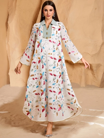 Vestito Musulmano Mediorientale da Donna Ricamo Paillettes Abaya Manica Lunga Kaftano Sciolto Tunica Estiva Maxi Abito Bianco