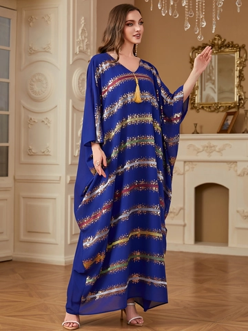 Caftano Donna Largo Scollo a V Maniche a Pipistrello Abito Maxi Con Strisce di Paillettes Colorate e Nappina Gialla Festa
